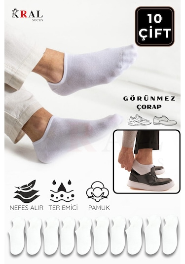 Kral Socks Kadın - Erkek Pamuklu Terletmez 10'lu - 10 Çift Yazlık Görünmez Çorap Beyaz