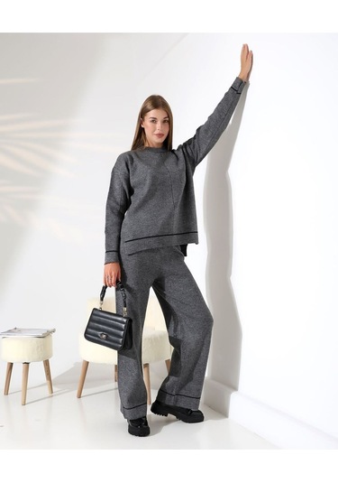 Kontrast Dikişli Kadın Triko Takım Antrasit