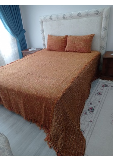 Tavşan Tüyü El Dokuma Çift Kişilik Yatak Örtüsü 280x260 -kremit Kiremit