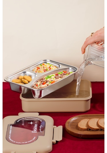 Porsima 3010-1 Paslanmaz Çelik 3 Bölmeli Vakumlu Yemek Termosu Beslenme Kutusu Taşınabilir Lunch Box Sefer Tası - Kahve