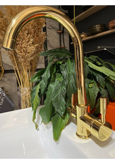 İsaoğlu Yapı Altın Arıtmalı Mutfak Bataryası 3 Yollu Evye Musluk Gold Su Arıtmalı Batarya Altın Renk Musluk Gold