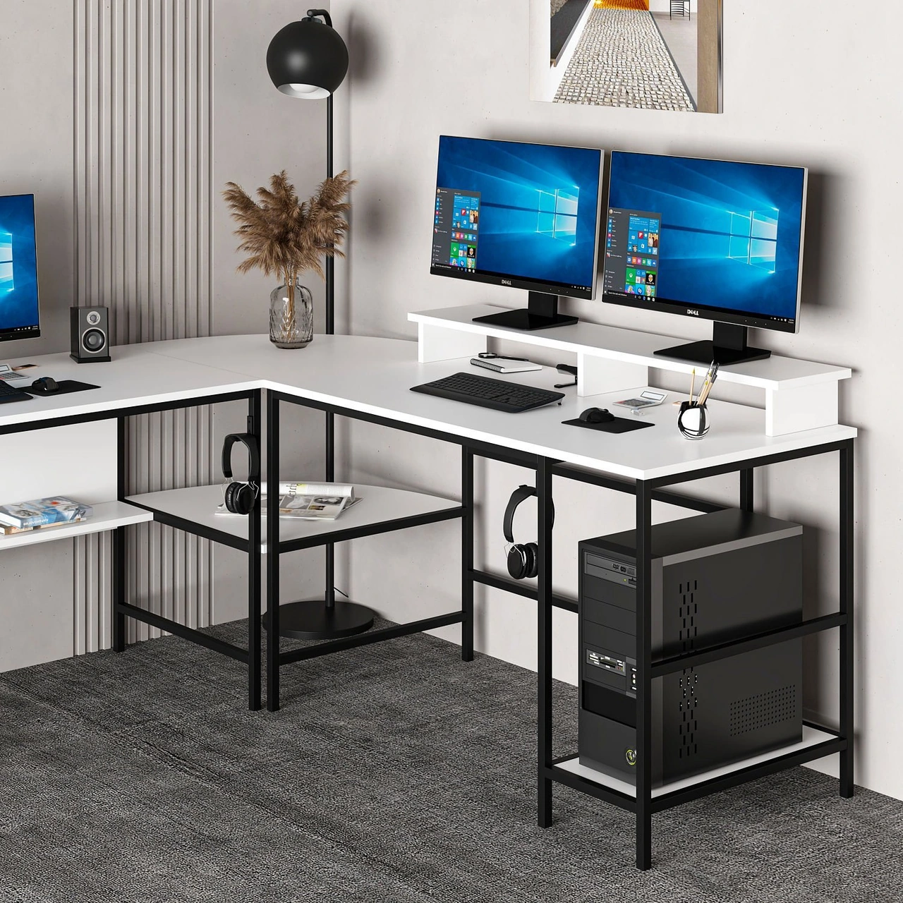 Minar Greta Raflı L Köşe Çalışma Masası - Beyaz Beyaz