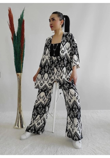 İpli Siyah Renk Desenli Ikili Kimono Takım Rahat Kalıp Siyah