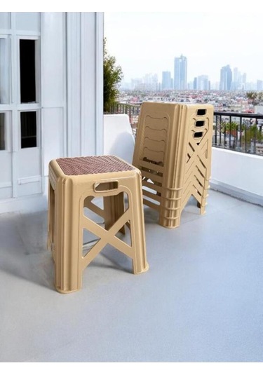 6 Adet Modern Orta Boy Plastik Mutfak, Banyo, Balkon Ve Bahçe Taburesi Krem