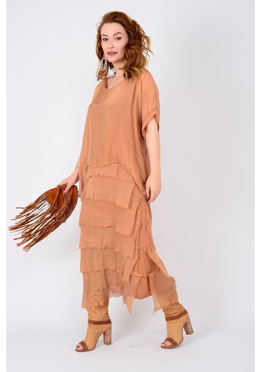 İtalyan 2 Beden İnce Gösteren Yarım Kol Kat Kat Ipek Elbise-8794 Cappuccino