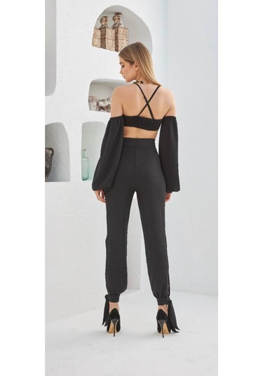 Ispanyol Kol Bağlamalı Şık Crop Bluz Pantolon Takım Siyah Siyah
