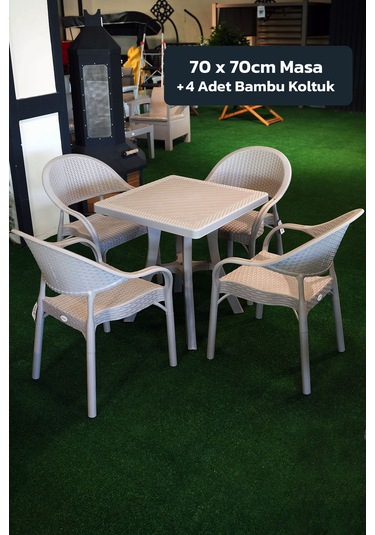 Alezy Bambu Balkon Bahçe Masa Takımı 4 Kişilik 70x70 Masa 4 Adet Bambu Koltuk Cappucino