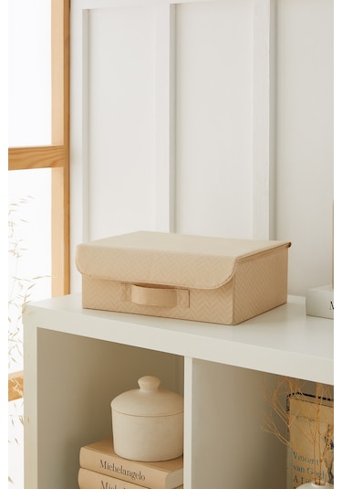 Ocean Home Textile Çekmece İçi Bej Balıksırtı Kapaklı Kutu 30 x 23 x 11 cm