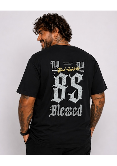 Starbattal Erkek Büyük Beden Sıfır Yaka Tişört Blessed 26147 Sıyah-3918 SIYAH