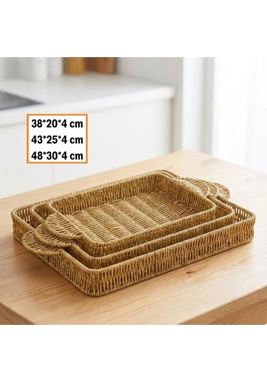 Durukar İç İçe Geçebilen 3 Lü Dikdörtgen Plastik Rattan Tepsi Seti Hasır Görünümlü Çok Amaçlı Servi