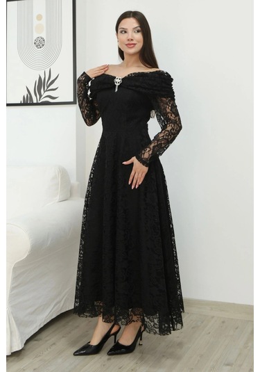 Aşkın Büyüsü Dantel Abiye Elbise 6055-siyah Siyah