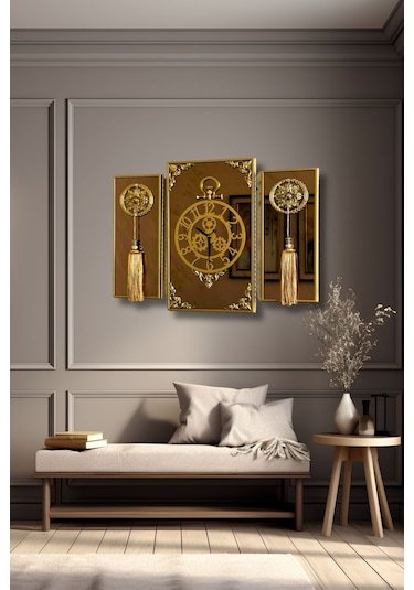 Casablanca 3 Lü Gold Aynalı Çerçeveli Püsküllü Duvar Saati Takımı, Wall Clock Hediye 38gmb Altın