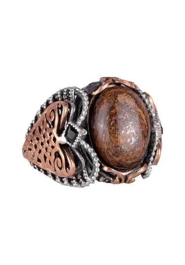 El Yapımı Gerçek Doğal Bronzit Taş Yüzük, 925 Ayar Katı Gümüş Erkek Yüzüğü Gümüş