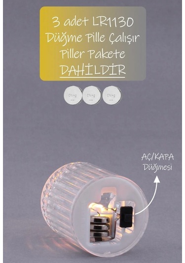 3lü Kristal Desenli Led Mum Seti Pilli Dumansız Alevli Ledli Dekoratif Yapay Mum Beyaz