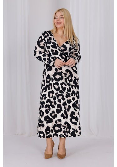 Kadın Vizon Siyah Leopar Desen Kruvaze Yaka Büyük Beden Esnek Maxi Elbise Vizon