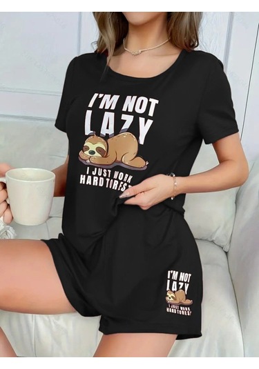 Reka Moda Kadın Kısa Kollu Bisiklet Yaka Baskılı Viskon Bluz Ve Şort Ikili Takım Siyah