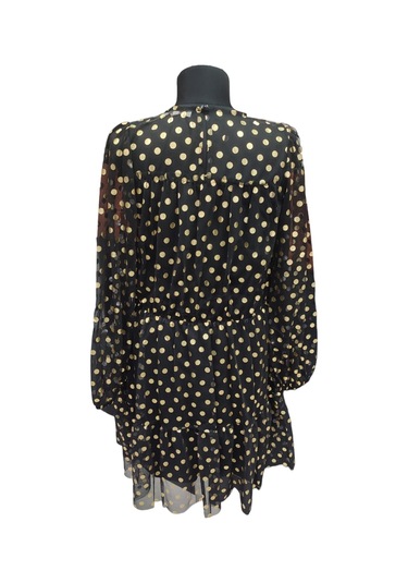 Kadın Siyah Gold Puantiyeli Uzun Kollu Mini Elbise Dm80148 Siyah