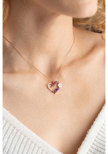 Nereze 925 Ayar Gümüş Manolya Çiçeği Renkli Taşlı Kalp Kolye