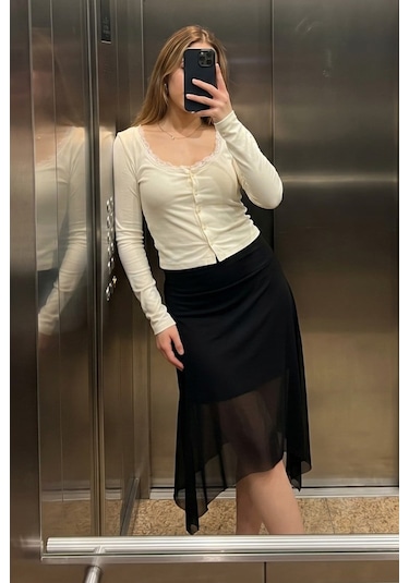 Madmext Siyah Şifon Asimetrik Kesim Midi Etek Mg2777