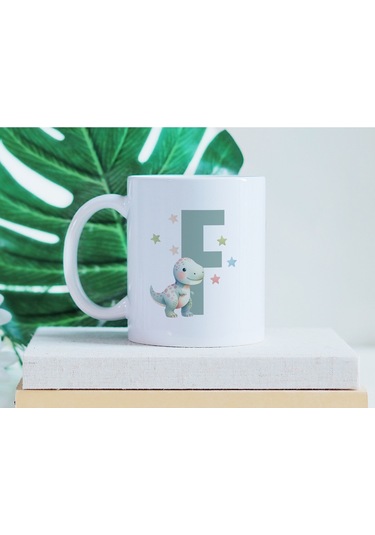 F Harfi Sevimli Dinozor Kupa Bardak - Açık Yeşil Yıldız Detaylı Dino Tasarım - Hediye Beyaz