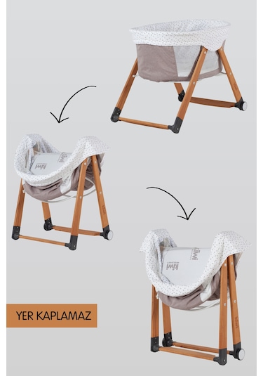 Kiwi Sleeper Anne Yanı Beşik, Portatif, Sallanır, Katlanır, Tekerlekli Bebek Beşiği - Luna Desen Coffe