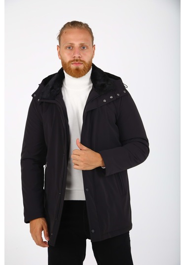 Erkek Yakası Kürklü Kapüşonlu Kaban 001