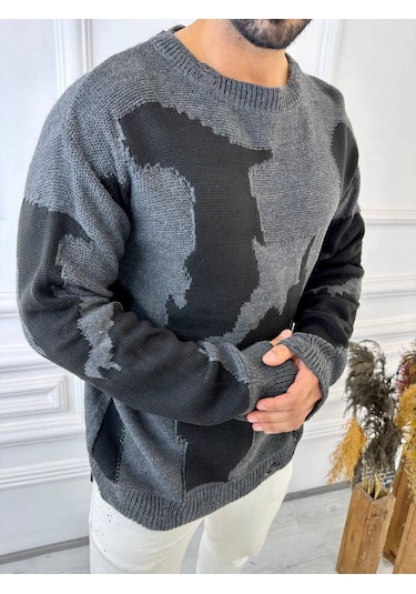 Kazak Çift Kat Örme Natural Pamuk Kazak Yırtık Detaylı Lazer Kesim Salaş Triko Kazak Siyah