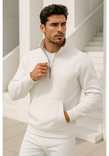 Rich Erkek Ekru Yarım Fermuarlı Sweatshirt Ekru