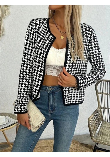 Kadın Uzun Kollu Kaz Ayağı Desenli Şardonlu Dalgıç Ceket DESENLİ