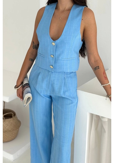 Çizgili Kumaş Yelek Takım Mavi Mavi