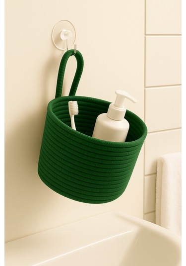 Asep Askılı Halat El Dokuma Banyo Sepeti 25x20cm Duvara Asılabilir Çok Amaçlı Düzenleyici Ve Saklama Yeşil