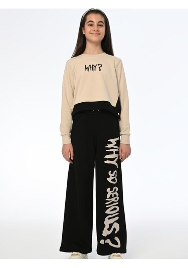 Kız Çocuk Why Yazılı Yanlardan Çıt Çıtlı Bol Paça Eşofman Takım-13538 Siyah