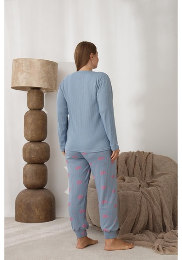 Lindros Kadın Pamuk'lu Düğme Yaka Raporlu İnterlok Kışlık Battal Pijama Takımı 0242 - 1 Adet Mavi