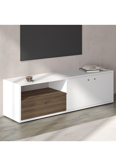 Pao Kapaklı Minimal TV Sehpası – 136 cm, Beyaz/Antik Ceviz