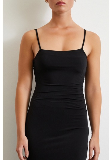 Yanı Büzgülü Askılı Elbise Yırtmaçlı Siyah Siyah