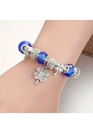 Şans Yonca Bileklik Mavi Charmlı Crystal Gümüş
