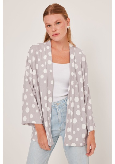 Bigdart Kadın Gri Beyaz Puantiyeli Örme Kimono 5862 001