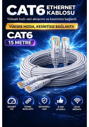 CAT6 Ethernet Kablosu 15m Gigabit LAN Kablosu Yüksek Hızlı İnternet Kablosu