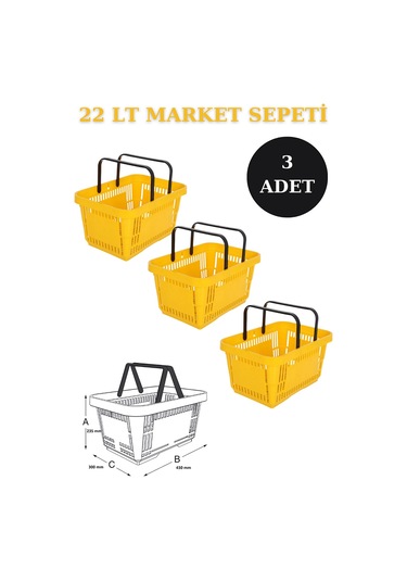 3 adet 22Litre Market ve Alışveriş Sepeti, Saplı Market Sepeti S