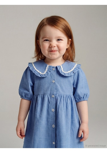 Meral Collection Mavi Nakışlı Bebe Yaka Kareli Kız Bebek Elbise Mavi