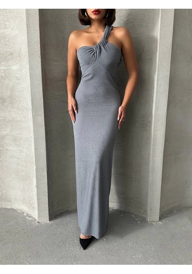 Tek Omuz Pliseli Elbise Gri
