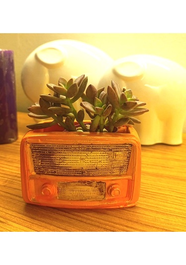 Artepieza Retro Radyo Sukulent Saksısı Ve Kalemlik - Masaüstü Dekoratif Organizer Turuncu 12 8 12cm