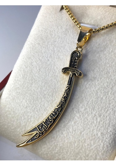 Zülfikar Kılıcı Hz.ali Altın Kaplama Çelik Kolye Işıklı Kutuda Sevgiliye Eşe Anneye Kolye Sarı