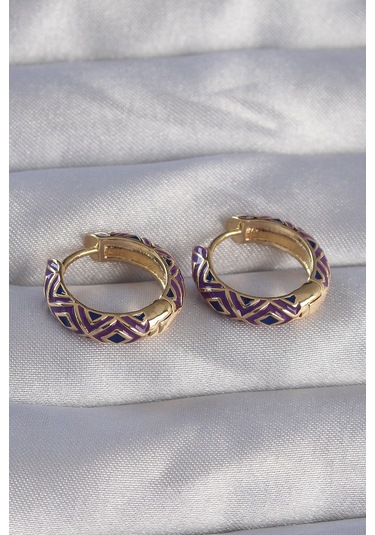 Ezoconcept Pirinç Gold Renk Mor Etnik Desenli Halka Küpe Çok Renkli