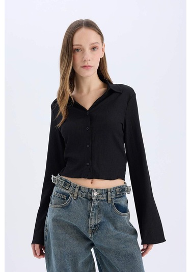 DeFacto Coool Fitted Basic Düz Bürümcük Uzun Kollu Gömlek A0012AX25SPBK81