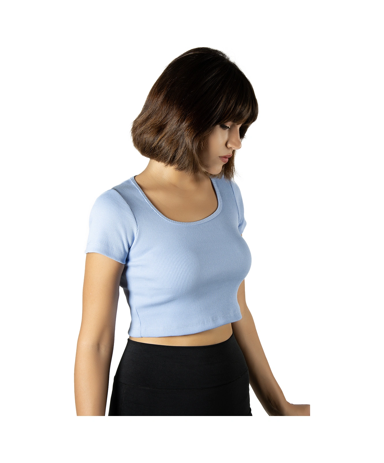 Mavi Havuz Yaka Fitted/vücuda Oturan Kısa Kol Crop Tişört Mavi