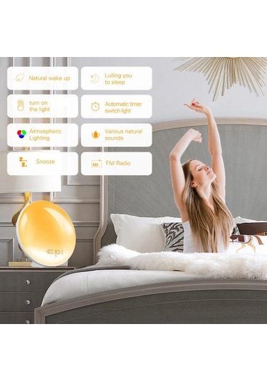 Zilinn Gün Doğumu/gün Batımı Simülasyonlu Uyandırma Işıklı Çalar Saat Çift Alarmlı Fm Radyo Gece Lambası 7 Renk Doğal Sesler Erteleme Usb Kablolu Standart Model-55 Çok Renki Çok Renki