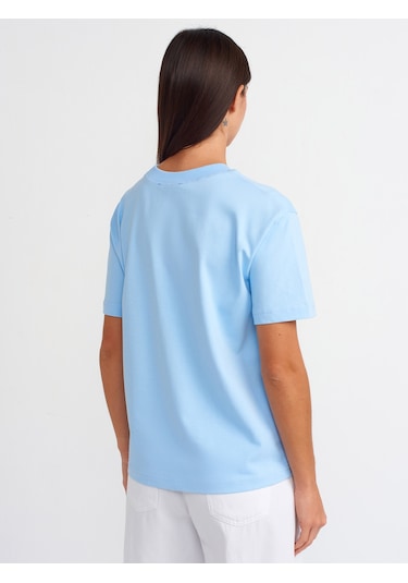 Dilvin 30312 %100 Pamuk Dekoratif Dikişli Bisiklet Yaka T-shirt-açık Mavi Açık Mavi