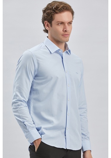 Koyu Mavi Uzun Kollu Bez Ayağı Sert Yaka Cepsiz Pamuklu Klasik Slim Fit Dar Kesim Gömlek 1004240230 Koyu Mavi