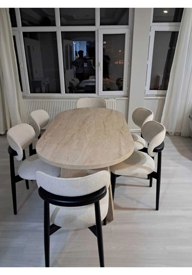 Ruby Bohem Oval Salon 6 Sandalyeli Mutfak Masası Salon Masa Takımı Krem - Siyah